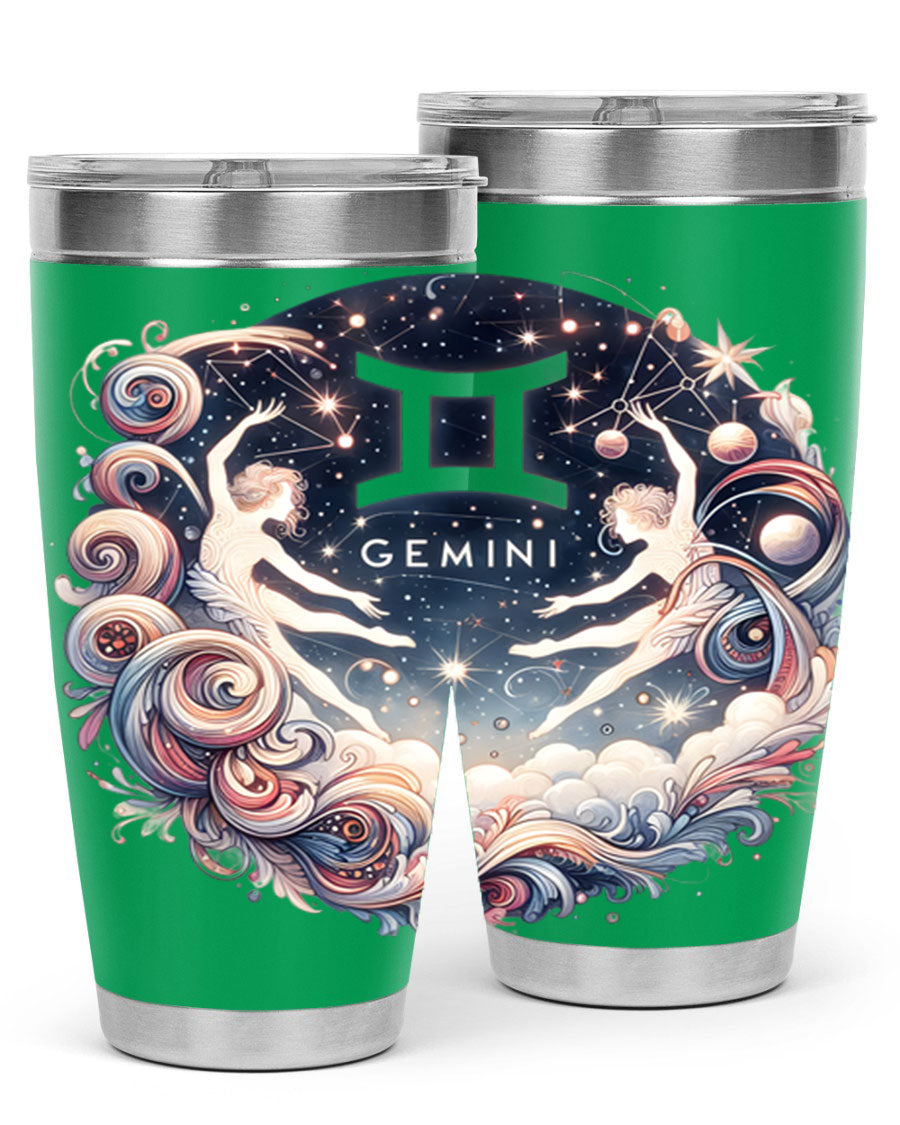 Gemini 248# Zodiac Tumbler in stainless steel with a vibrant zodiac design, showcasing its double wall vacuum insulation and drink-thru lid.
