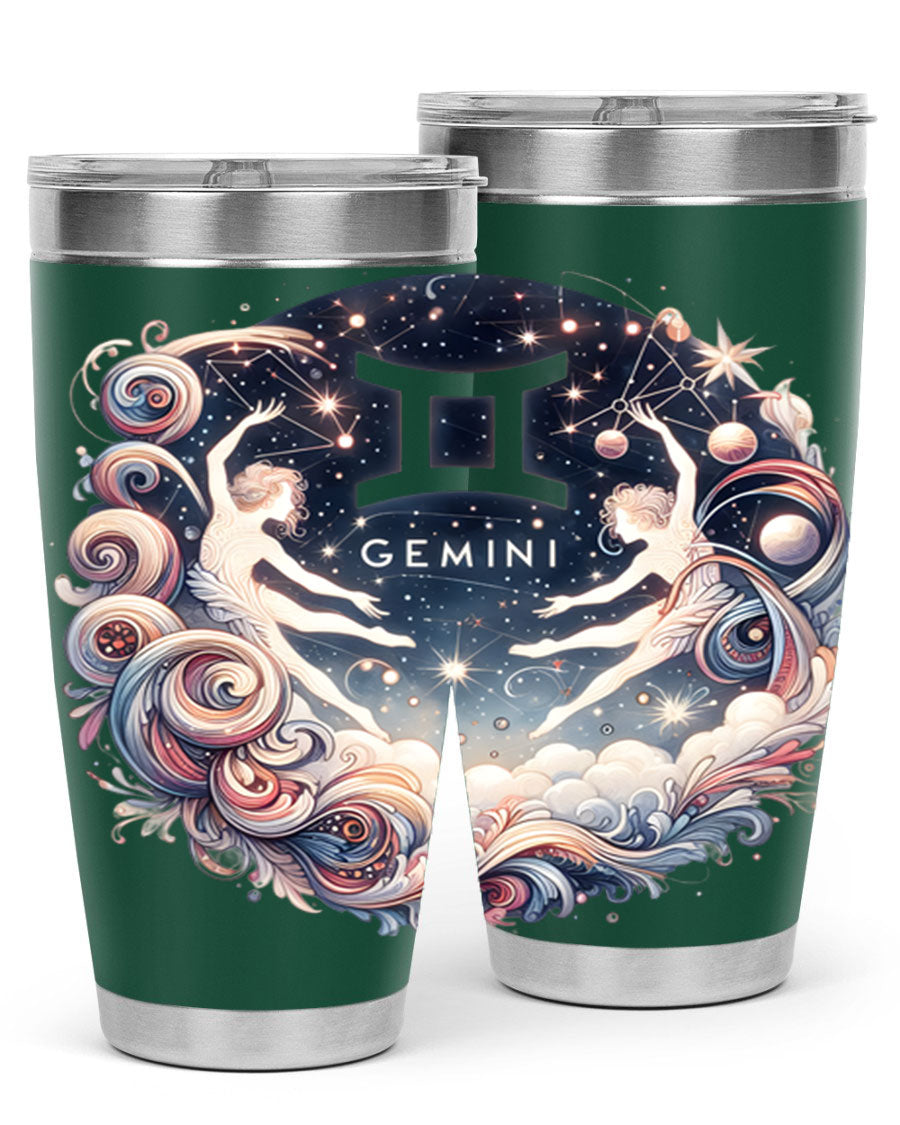 Gemini 248# Zodiac Tumbler in stainless steel with a vibrant zodiac design, showcasing its double wall vacuum insulation and drink-thru lid.