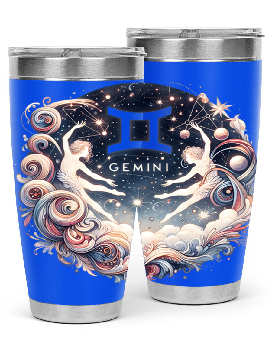 Gemini 248# Zodiac Tumbler in stainless steel with a vibrant zodiac design, showcasing its double wall vacuum insulation and drink-thru lid.