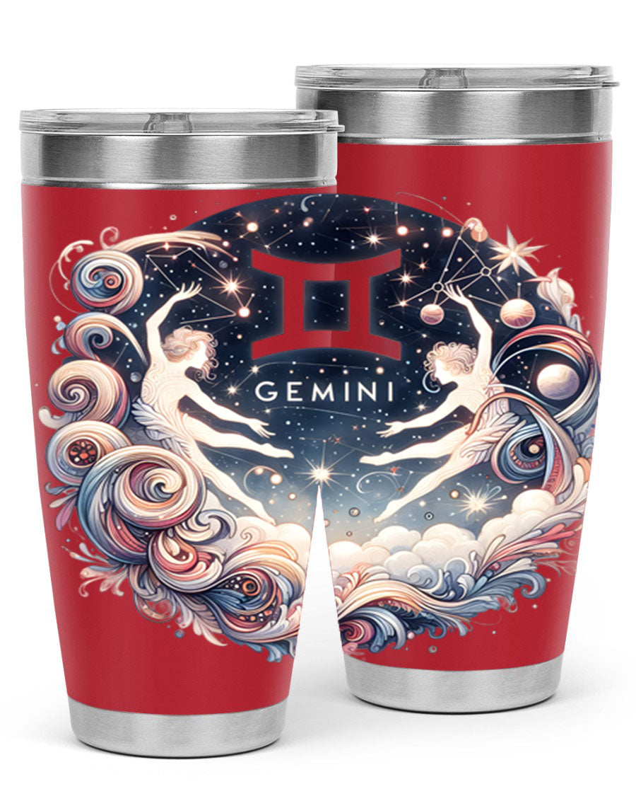 Gemini 248# Zodiac Tumbler in stainless steel with a vibrant zodiac design, showcasing its double wall vacuum insulation and drink-thru lid.