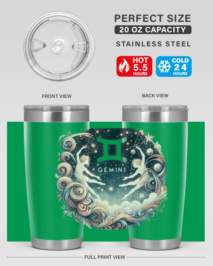 Gemini 248# Zodiac Tumbler in stainless steel with a vibrant zodiac design, showcasing its double wall vacuum insulation and drink-thru lid.