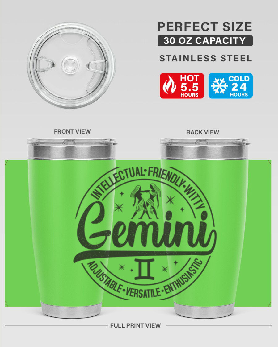 Gemini 225# Tumbler in stainless steel with a sleek design, showcasing its double wall vacuum insulation and drink-thru lid.