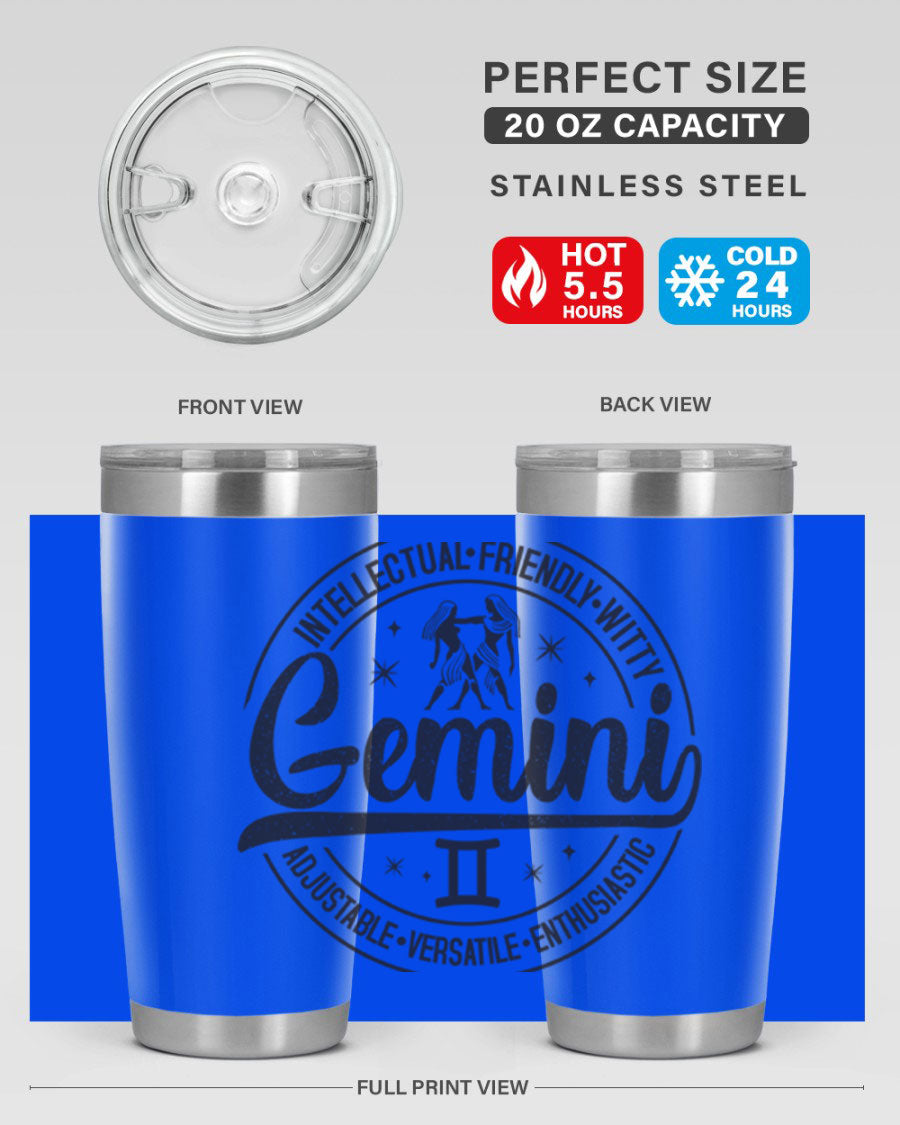 Gemini 225# Tumbler in stainless steel with a sleek design, showcasing its double wall vacuum insulation and drink-thru lid.