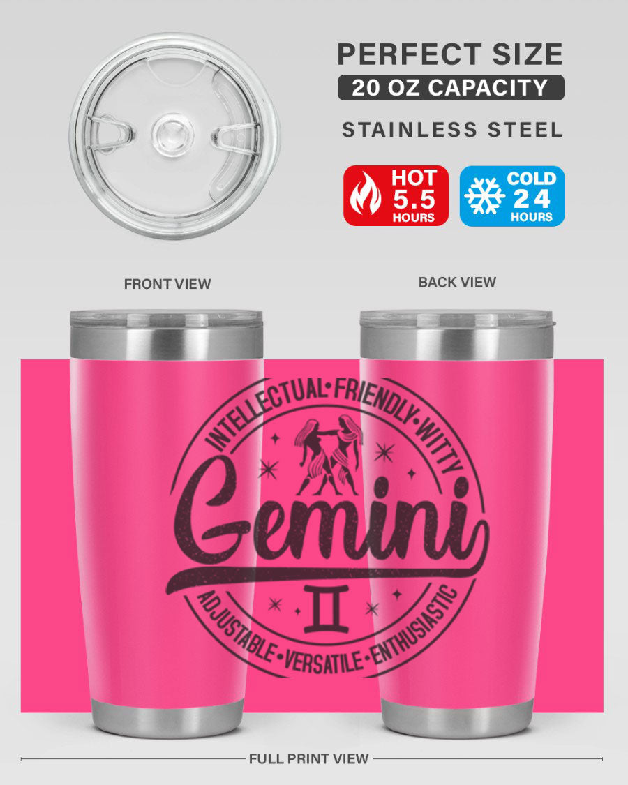 Gemini 225# Tumbler in stainless steel with a sleek design, showcasing its double wall vacuum insulation and drink-thru lid.