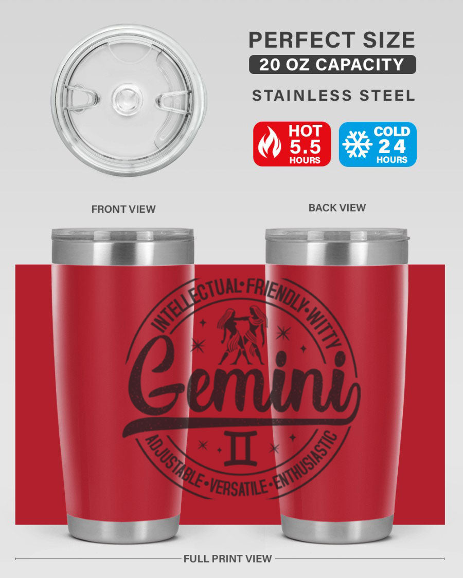 Gemini 225# Tumbler in stainless steel with a sleek design, showcasing its double wall vacuum insulation and drink-thru lid.