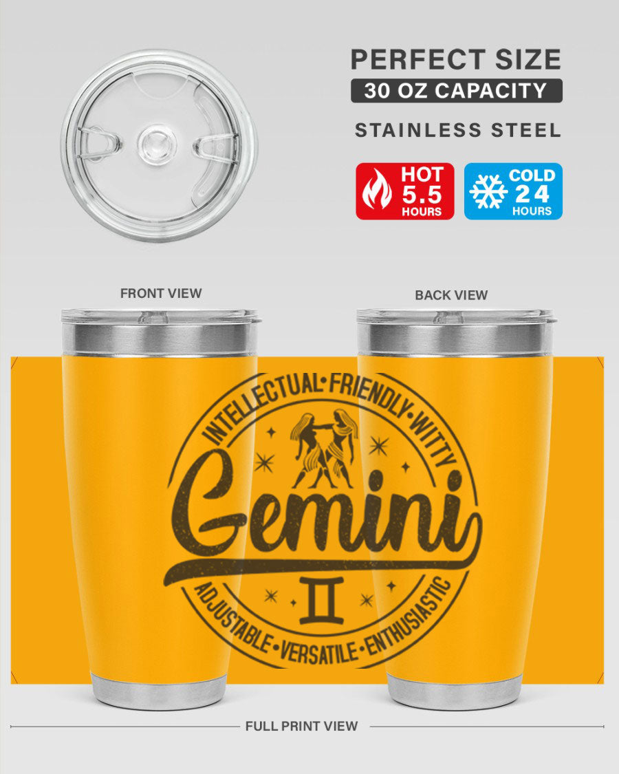 Gemini 225# Tumbler in stainless steel with a sleek design, showcasing its double wall vacuum insulation and drink-thru lid.