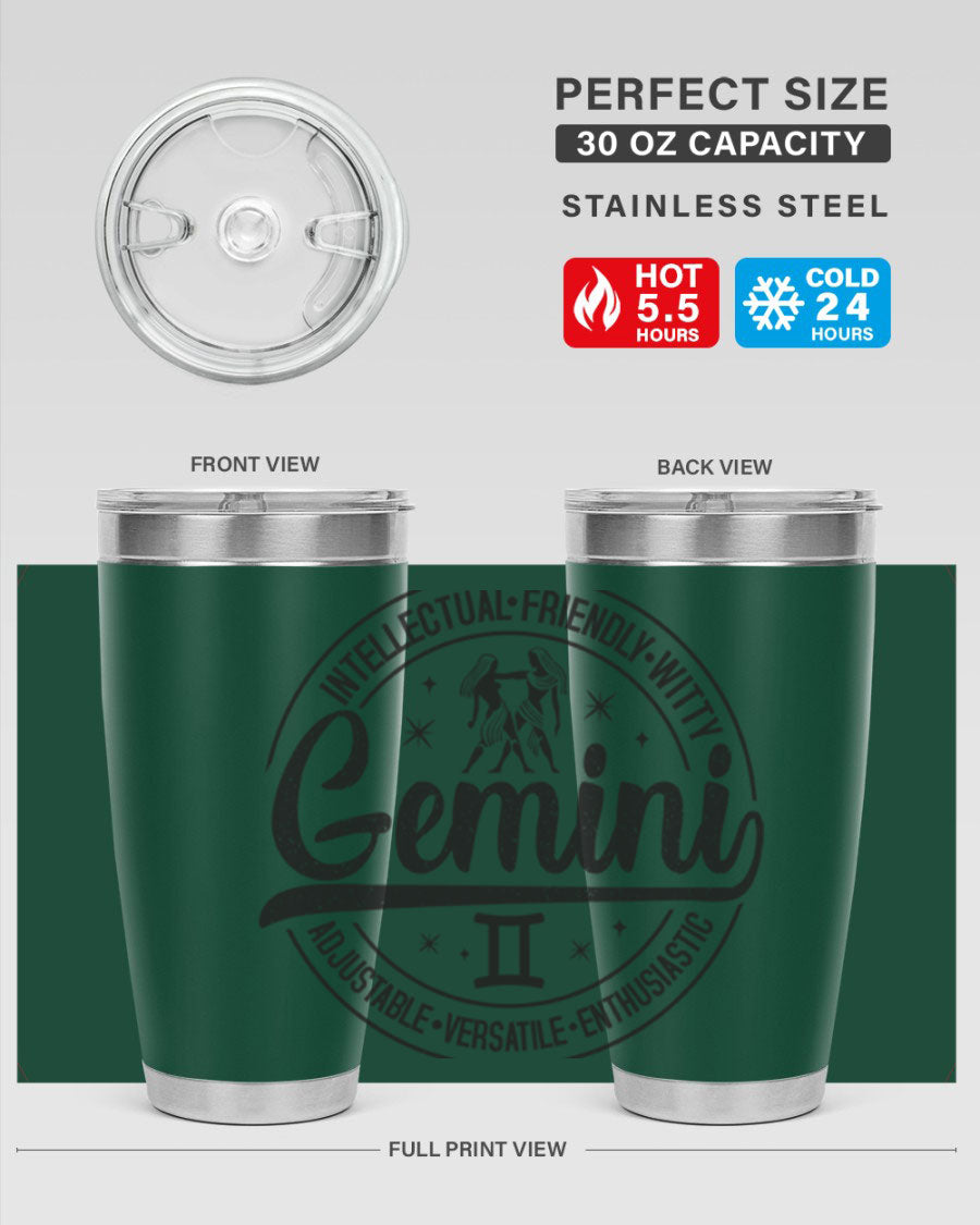 Gemini 225# Tumbler in stainless steel with a sleek design, showcasing its double wall vacuum insulation and drink-thru lid.