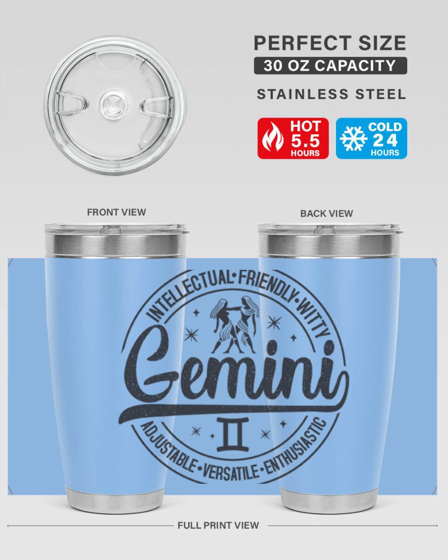 Gemini 225# Tumbler in stainless steel with a sleek design, showcasing its double wall vacuum insulation and drink-thru lid.