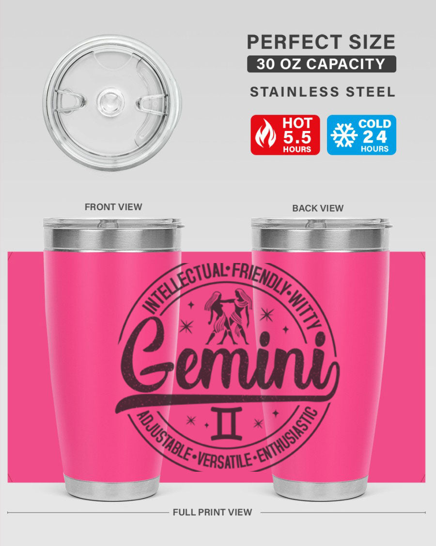 Gemini 225# Tumbler in stainless steel with a sleek design, showcasing its double wall vacuum insulation and drink-thru lid.