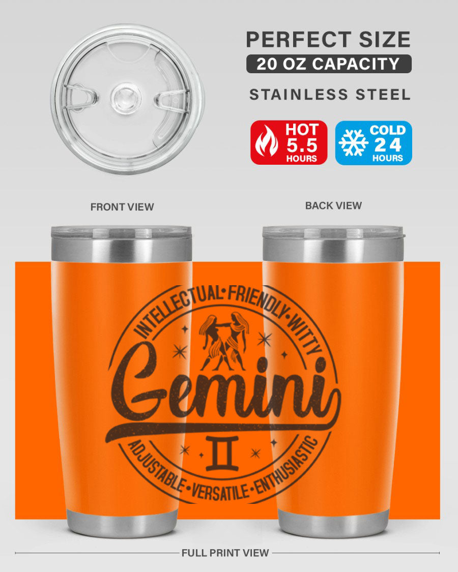 Gemini 225# Tumbler in stainless steel with a sleek design, showcasing its double wall vacuum insulation and drink-thru lid.