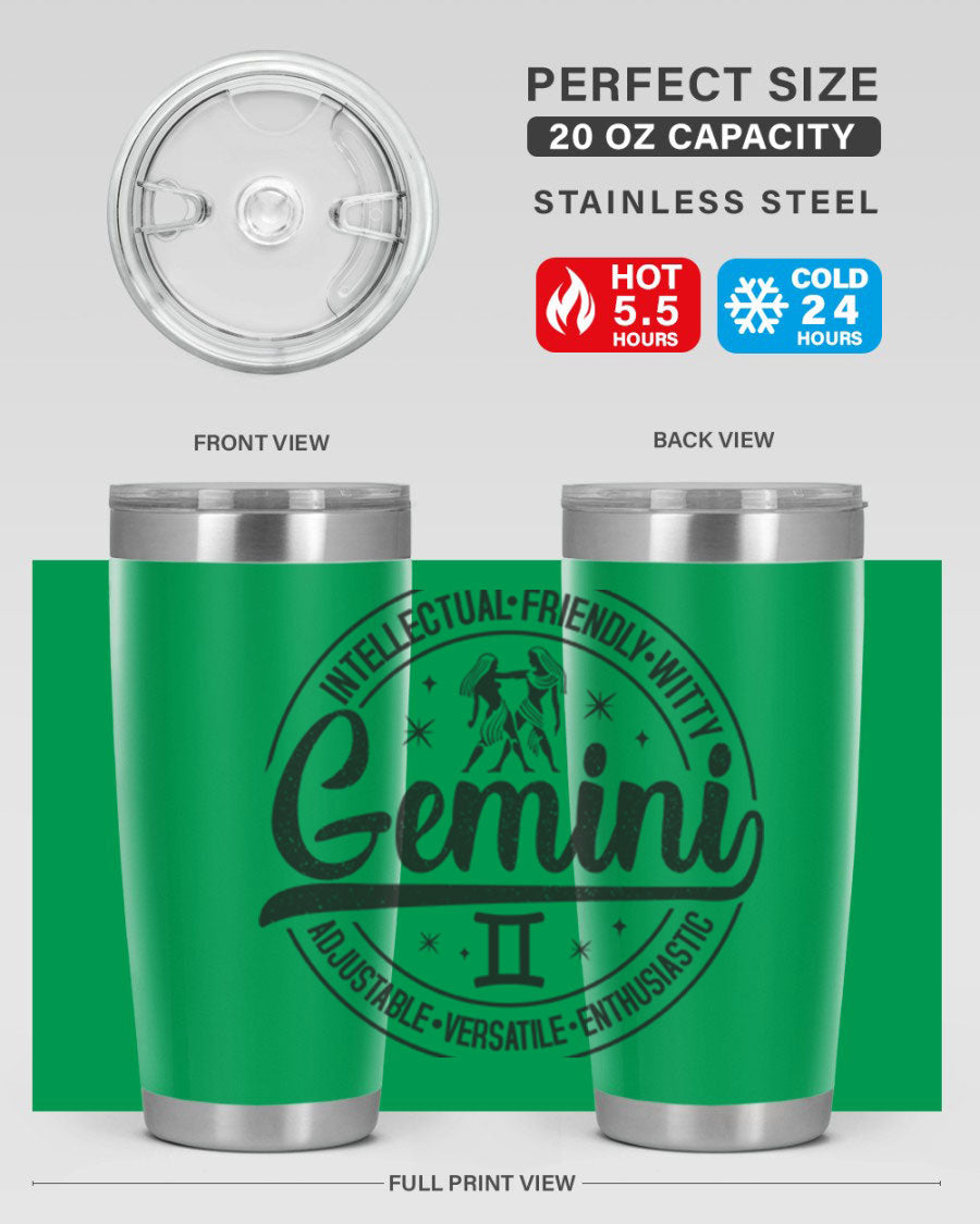 Gemini 225# Tumbler in stainless steel with a sleek design, showcasing its double wall vacuum insulation and drink-thru lid.