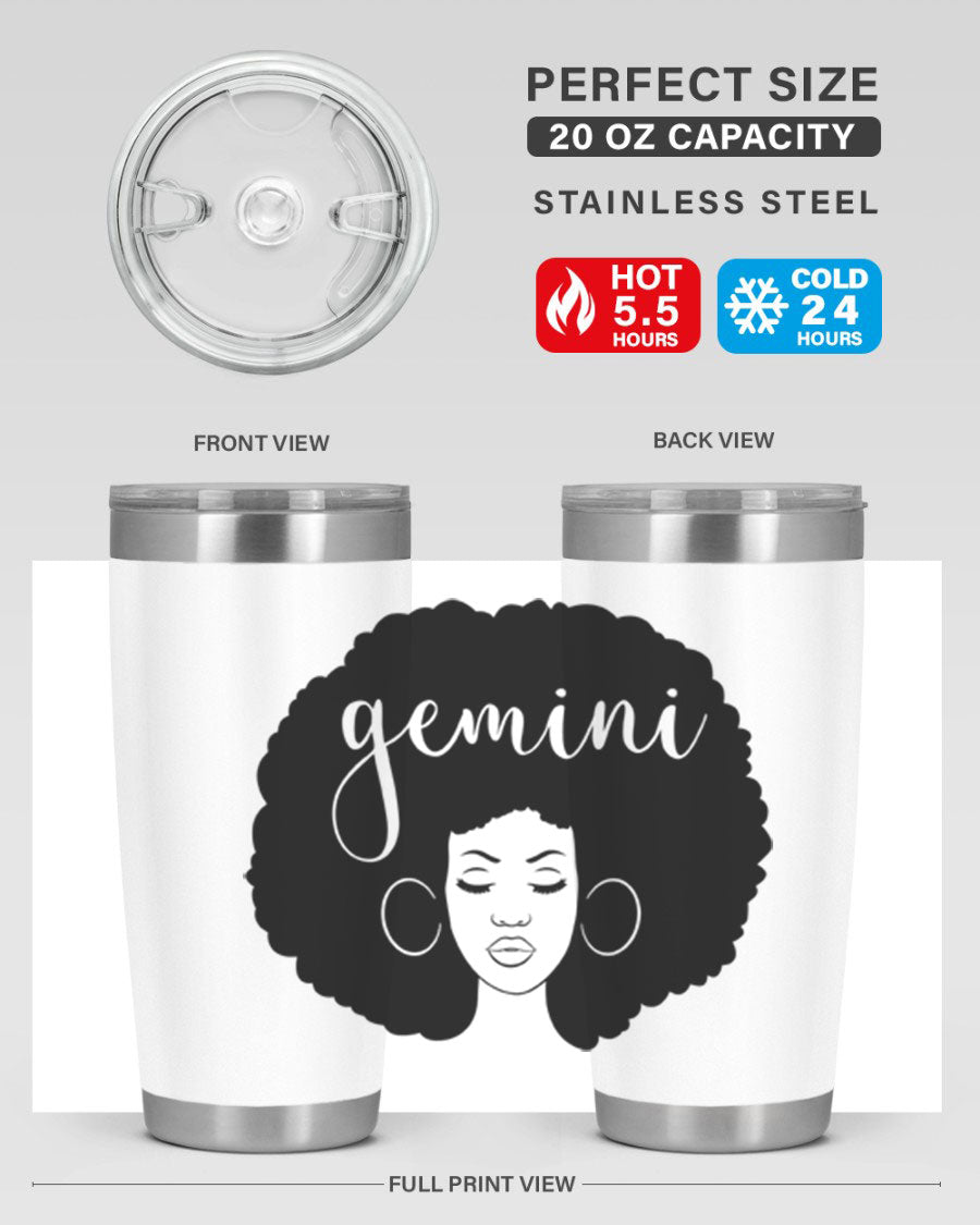Gemini Girl 36# Tumbler in stainless steel with a vibrant design, showcasing its double wall vacuum insulation and drink-thru lid.