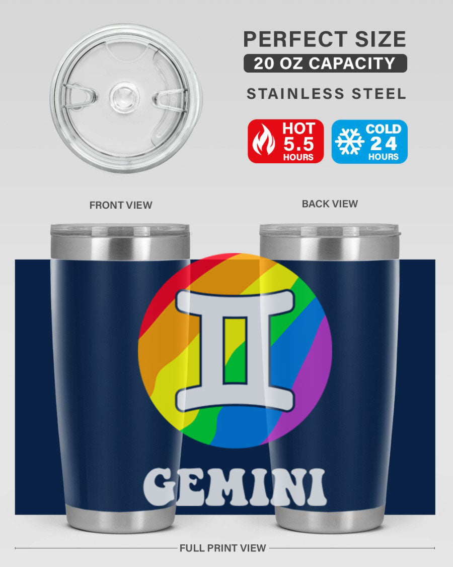Gemini LGBT Pride Tumbler in vibrant colors, showcasing its double wall stainless steel design and drink-thru lid.