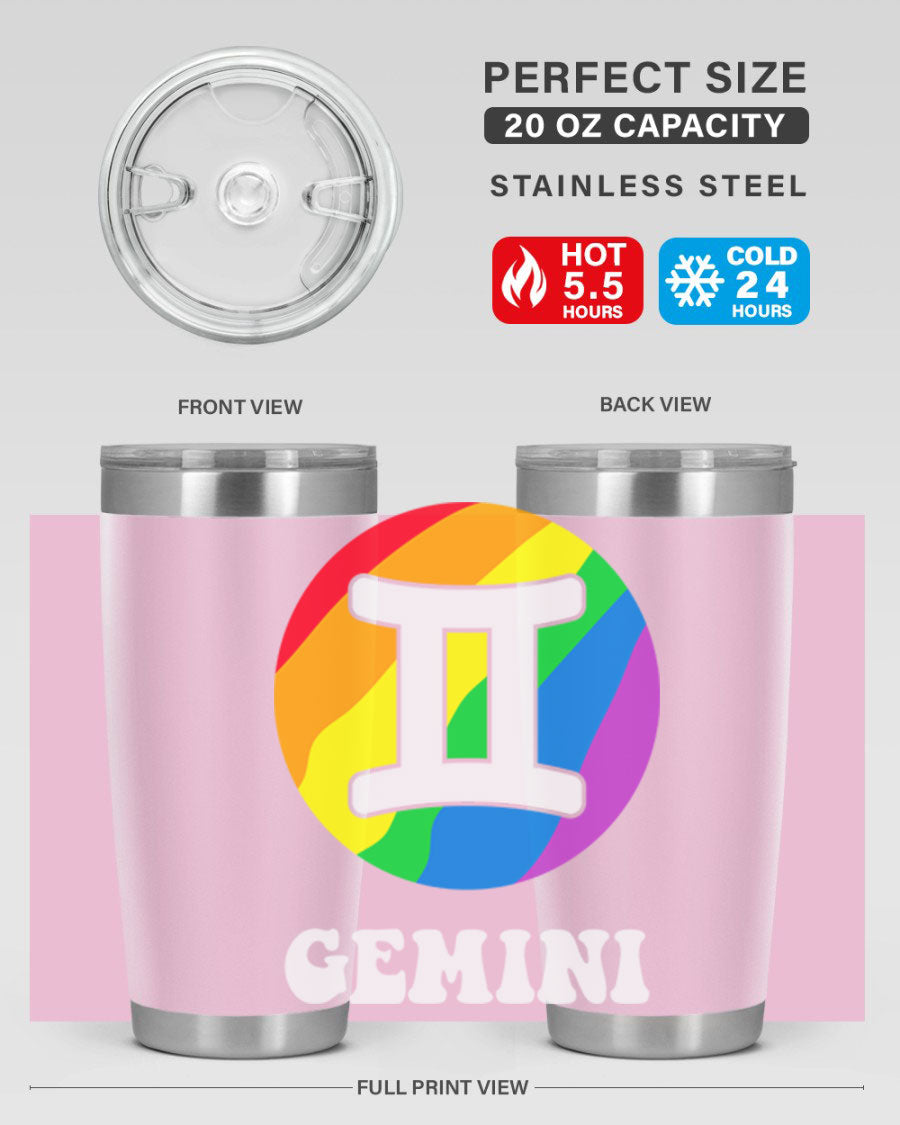 Gemini LGBT Pride Tumbler in vibrant colors, showcasing its double wall stainless steel design and drink-thru lid.