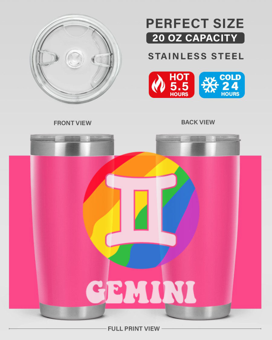 Gemini LGBT Pride Tumbler in vibrant colors, showcasing its double wall stainless steel design and drink-thru lid.