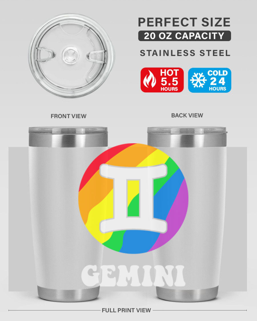 Gemini LGBT Pride Tumbler in vibrant colors, showcasing its double wall stainless steel design and drink-thru lid.