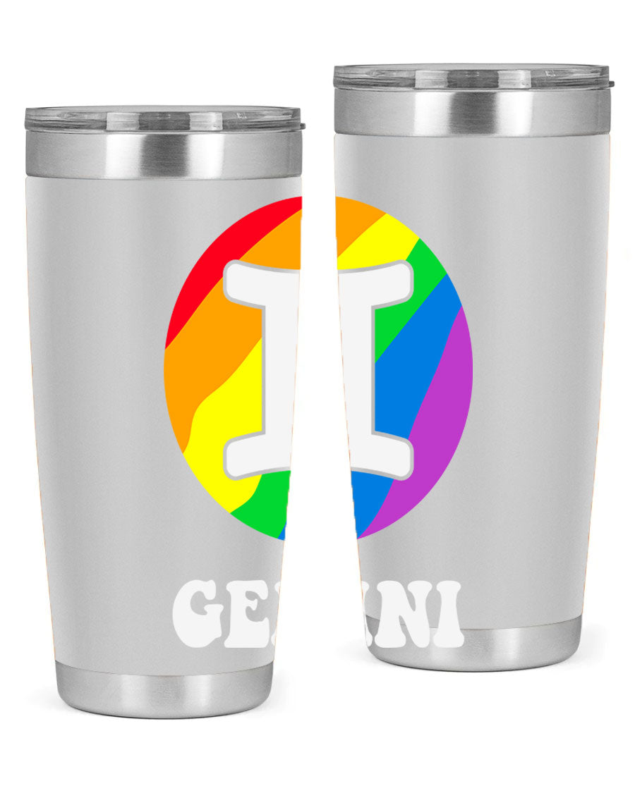 Gemini LGBT Pride Tumbler in vibrant colors, showcasing its double wall stainless steel design and drink-thru lid.