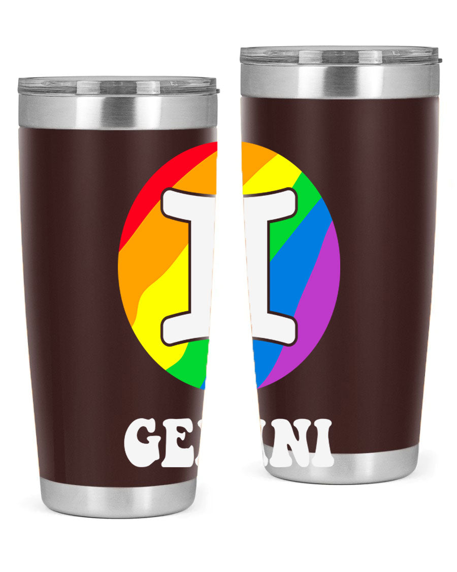 Gemini LGBT Pride Tumbler in vibrant colors, showcasing its double wall stainless steel design and drink-thru lid.