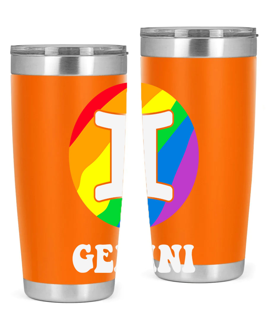 Gemini LGBT Pride Tumbler in vibrant colors, showcasing its double wall stainless steel design and drink-thru lid.