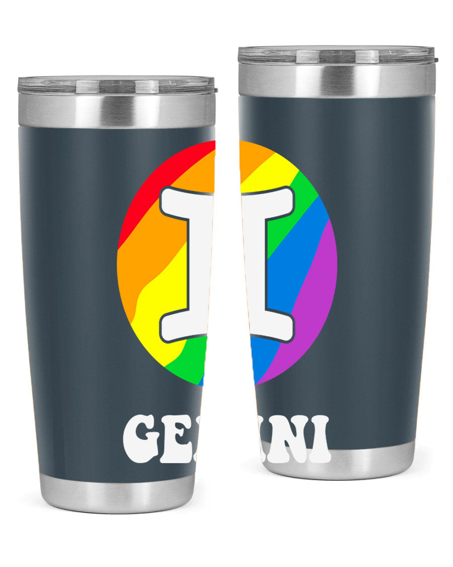 Gemini LGBT Pride Tumbler in vibrant colors, showcasing its double wall stainless steel design and drink-thru lid.