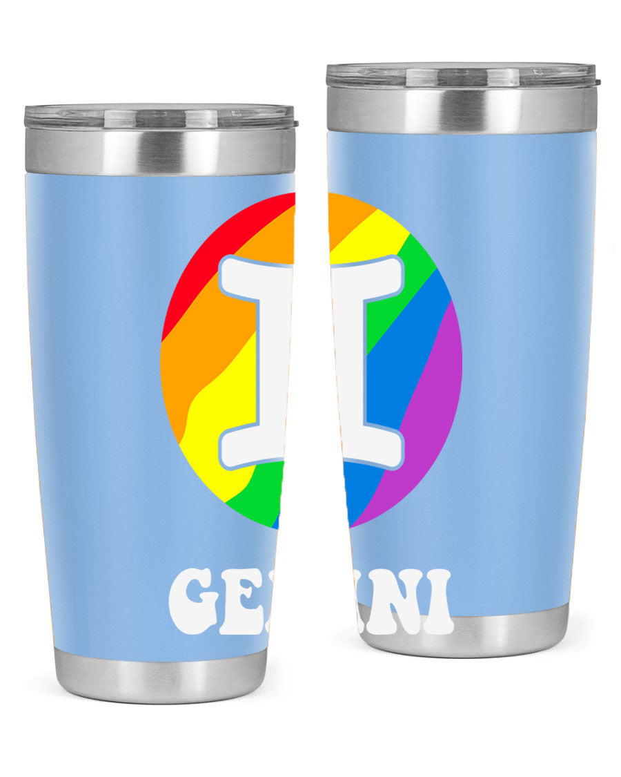 Gemini LGBT Pride Tumbler in vibrant colors, showcasing its double wall stainless steel design and drink-thru lid.