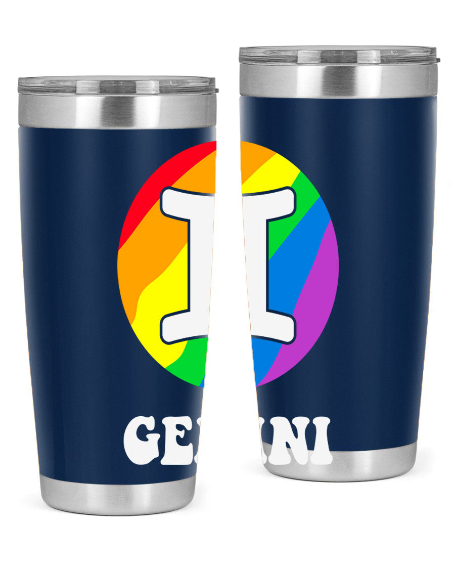 Gemini LGBT Pride Tumbler in vibrant colors, showcasing its double wall stainless steel design and drink-thru lid.