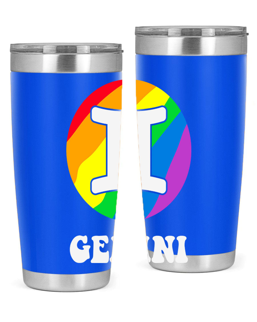 Gemini LGBT Pride Tumbler in vibrant colors, showcasing its double wall stainless steel design and drink-thru lid.