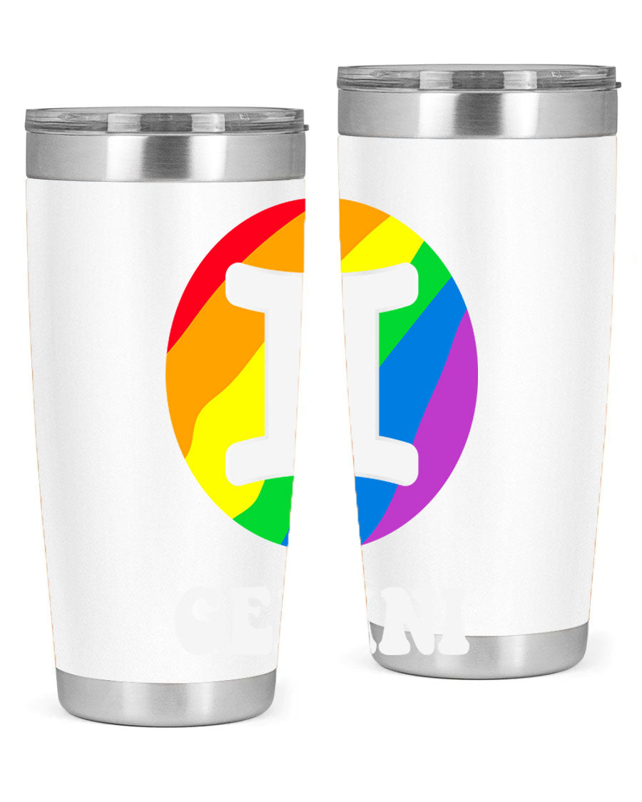 Gemini LGBT Pride Tumbler in vibrant colors, showcasing its double wall stainless steel design and drink-thru lid.