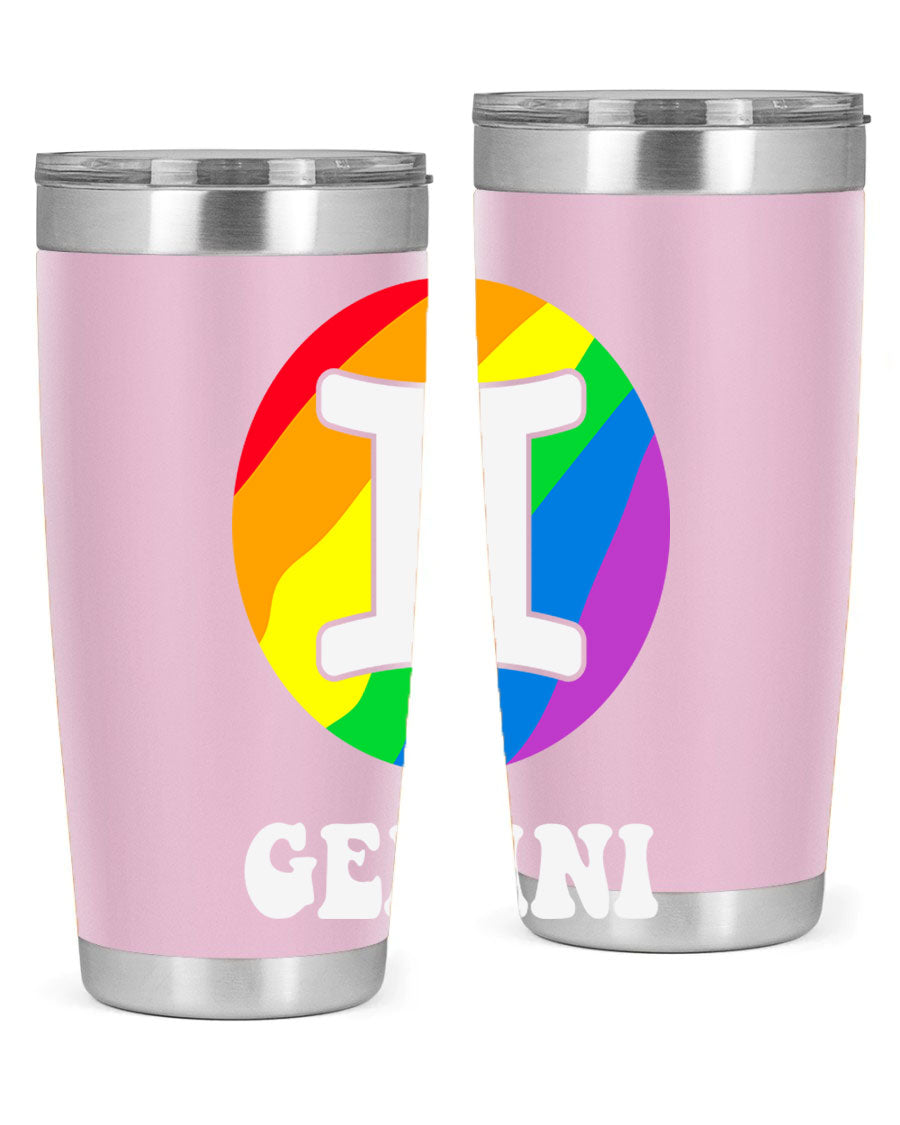 Gemini LGBT Pride Tumbler in vibrant colors, showcasing its double wall stainless steel design and drink-thru lid.