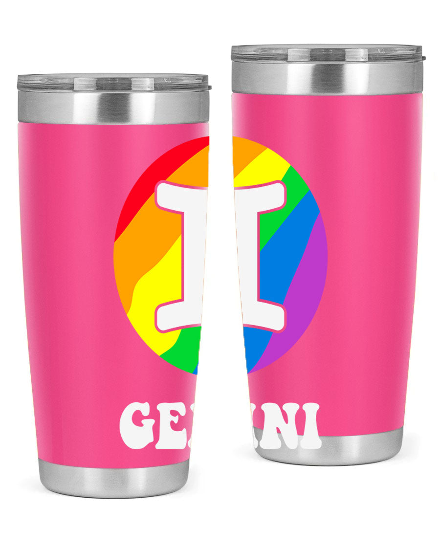 Gemini LGBT Pride Tumbler in vibrant colors, showcasing its double wall stainless steel design and drink-thru lid.