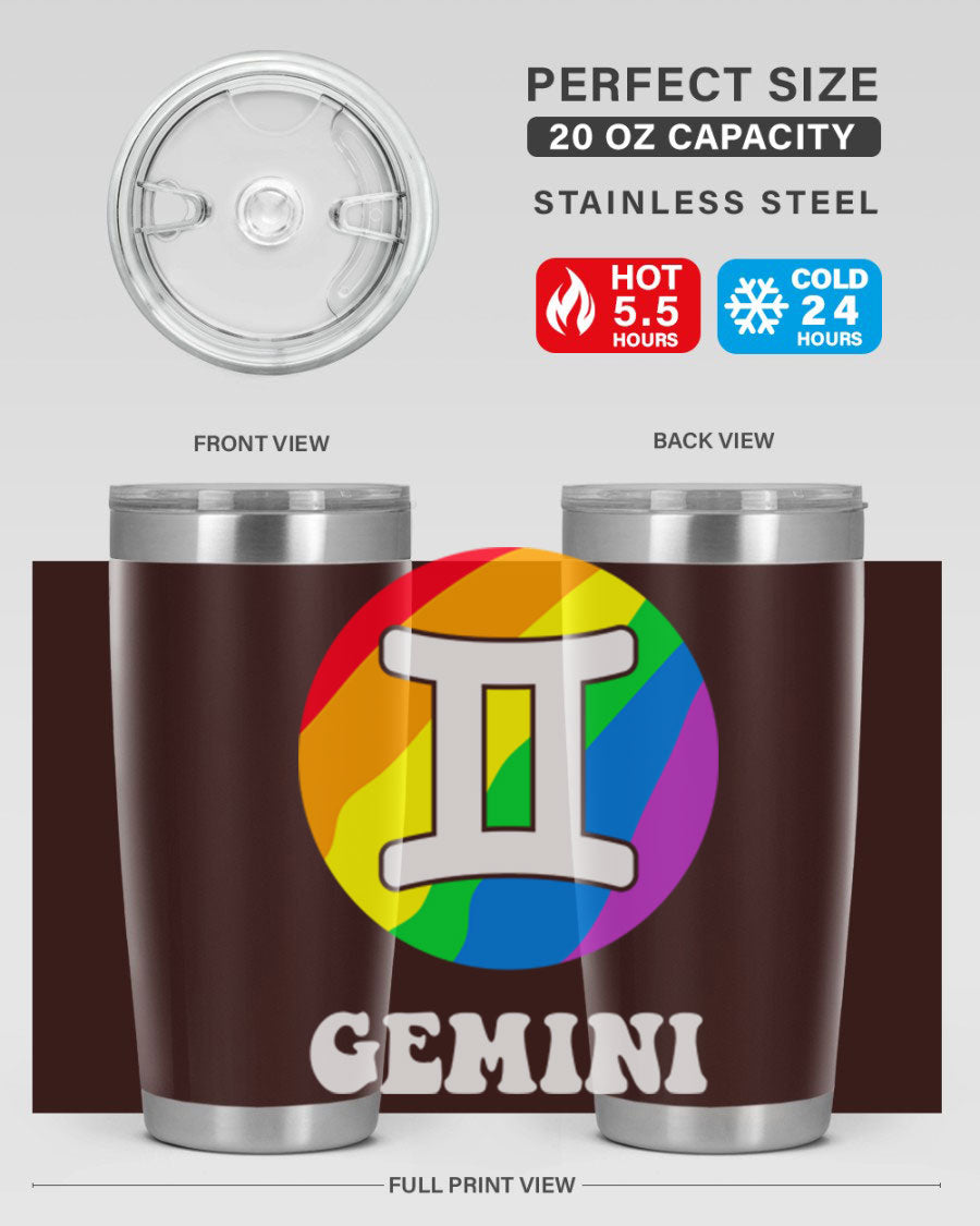 Gemini LGBT Pride Tumbler in vibrant colors, showcasing its double wall stainless steel design and drink-thru lid.