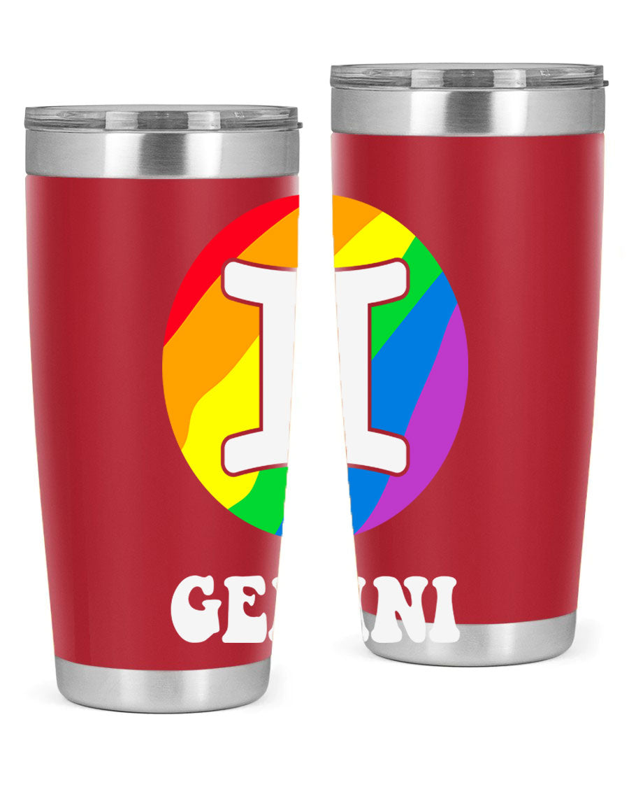 Gemini LGBT Pride Tumbler in vibrant colors, showcasing its double wall stainless steel design and drink-thru lid.