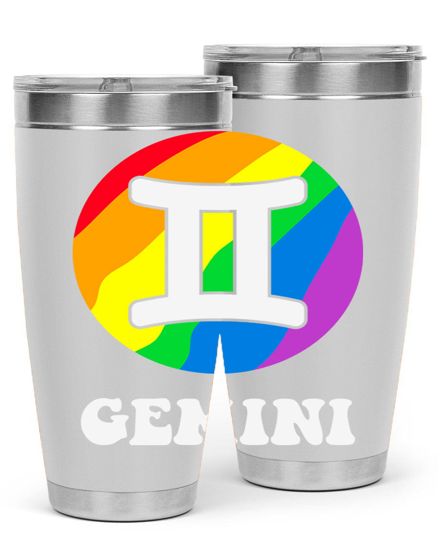 Gemini LGBT Pride Tumbler in vibrant colors, showcasing its double wall stainless steel design and drink-thru lid.