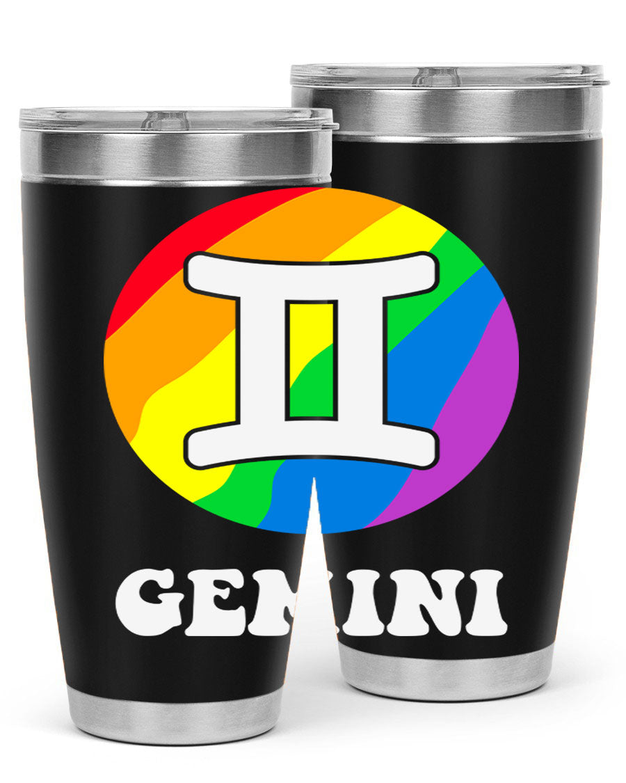 Gemini LGBT Pride Tumbler in vibrant colors, showcasing its double wall stainless steel design and drink-thru lid.