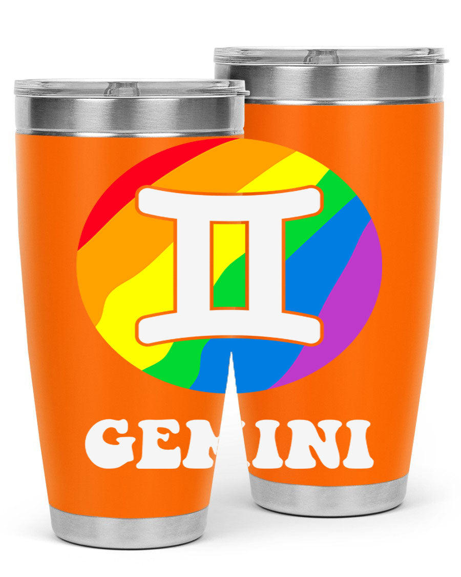 Gemini LGBT Pride Tumbler in vibrant colors, showcasing its double wall stainless steel design and drink-thru lid.