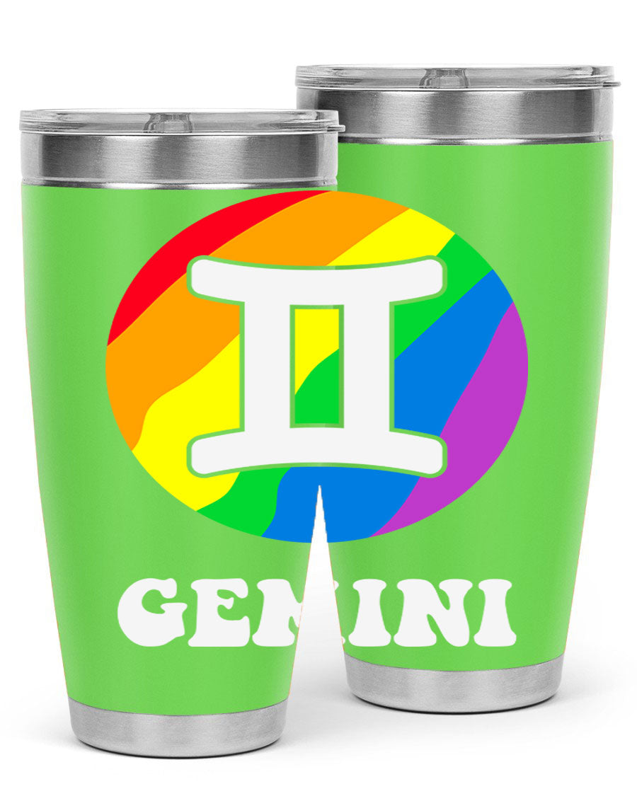 Gemini LGBT Pride Tumbler in vibrant colors, showcasing its double wall stainless steel design and drink-thru lid.