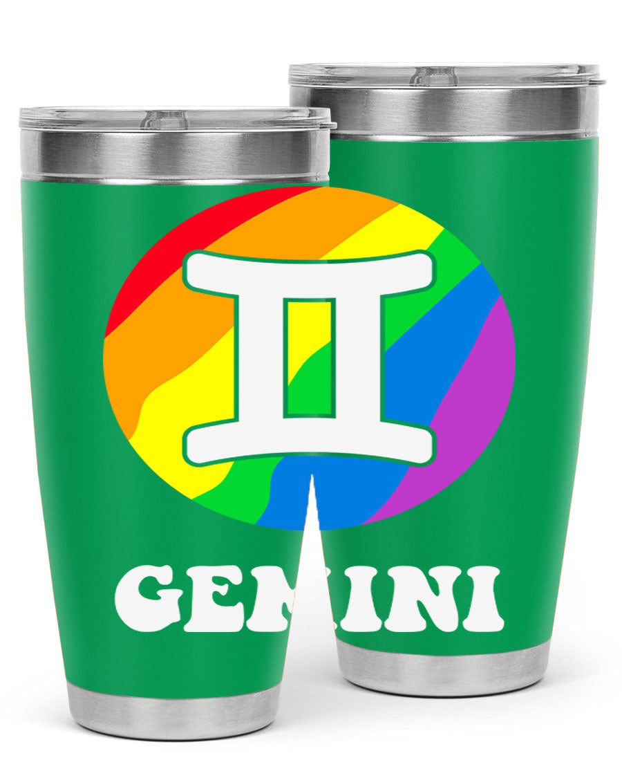 Gemini LGBT Pride Tumbler in vibrant colors, showcasing its double wall stainless steel design and drink-thru lid.