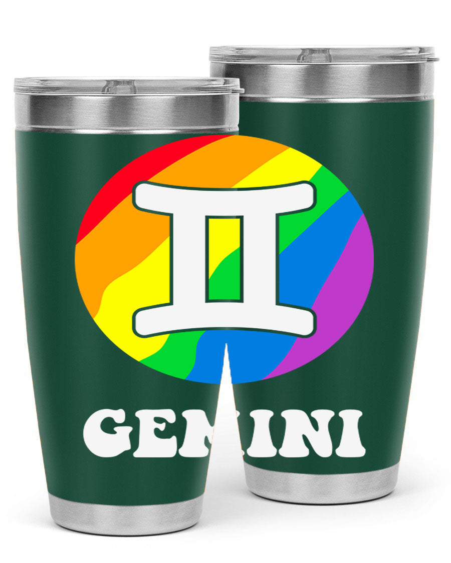 Gemini LGBT Pride Tumbler in vibrant colors, showcasing its double wall stainless steel design and drink-thru lid.