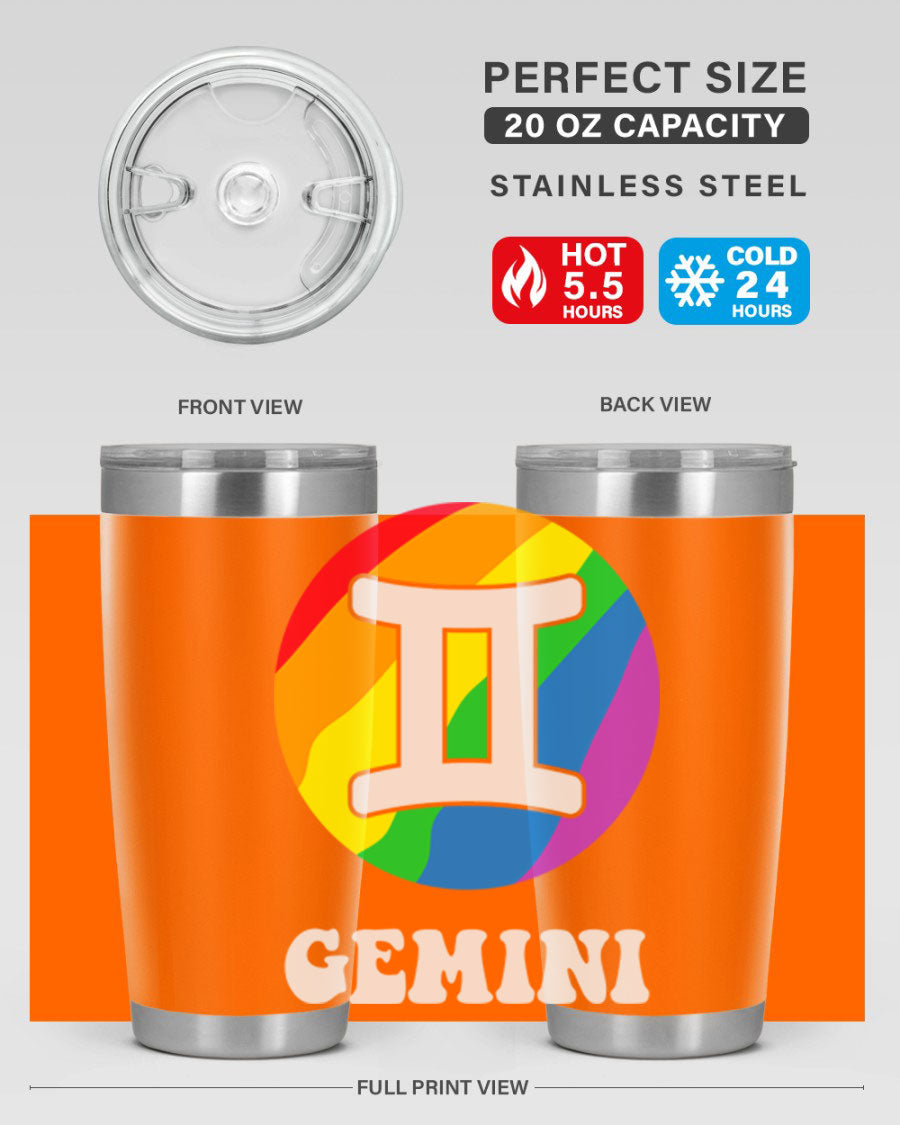 Gemini LGBT Pride Tumbler in vibrant colors, showcasing its double wall stainless steel design and drink-thru lid.