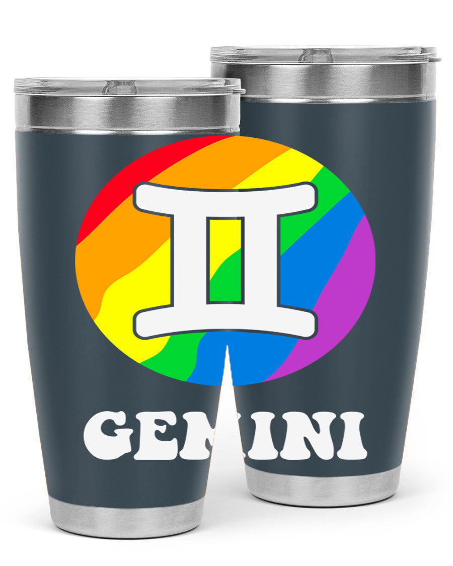 Gemini LGBT Pride Tumbler in vibrant colors, showcasing its double wall stainless steel design and drink-thru lid.