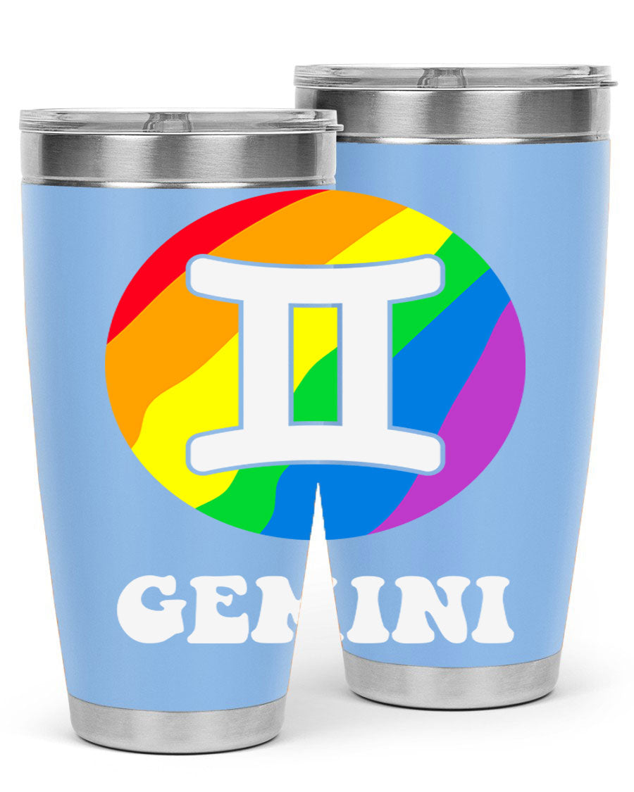 Gemini LGBT Pride Tumbler in vibrant colors, showcasing its double wall stainless steel design and drink-thru lid.