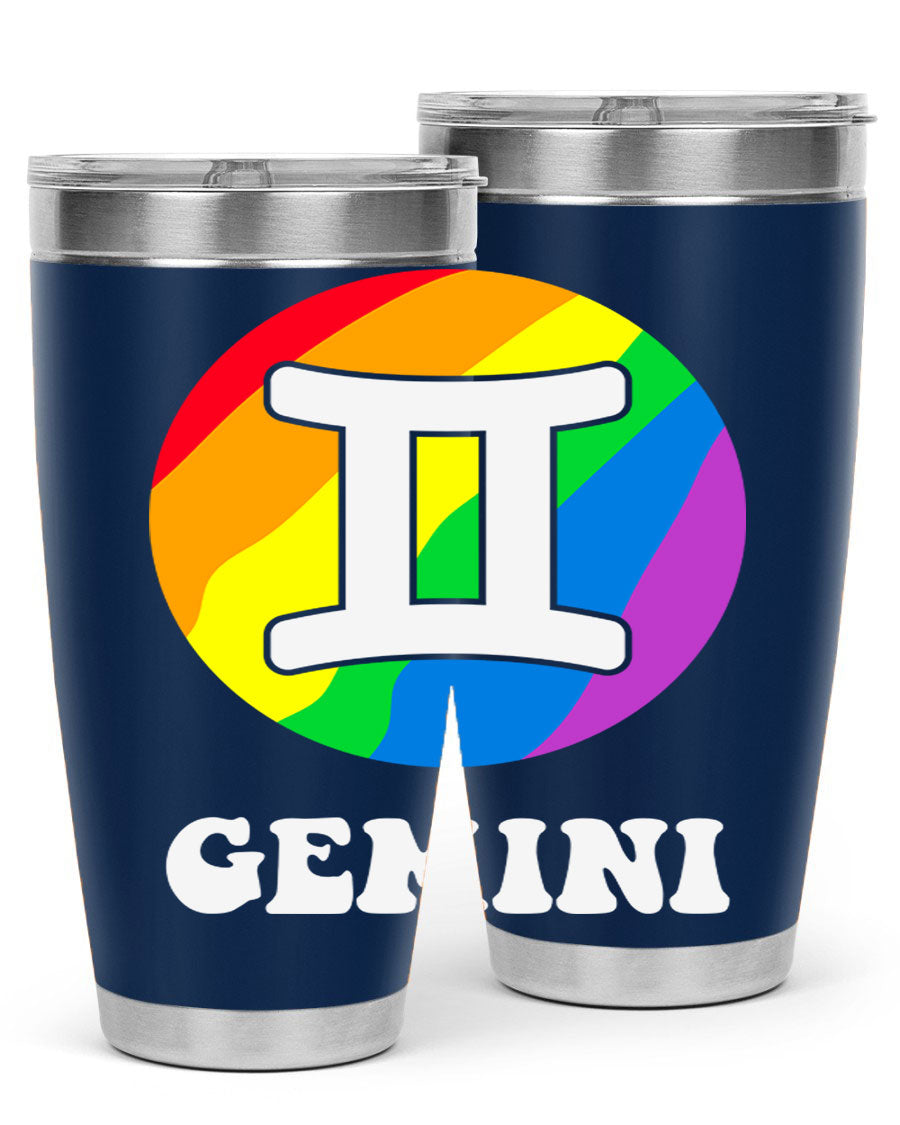 Gemini LGBT Pride Tumbler in vibrant colors, showcasing its double wall stainless steel design and drink-thru lid.
