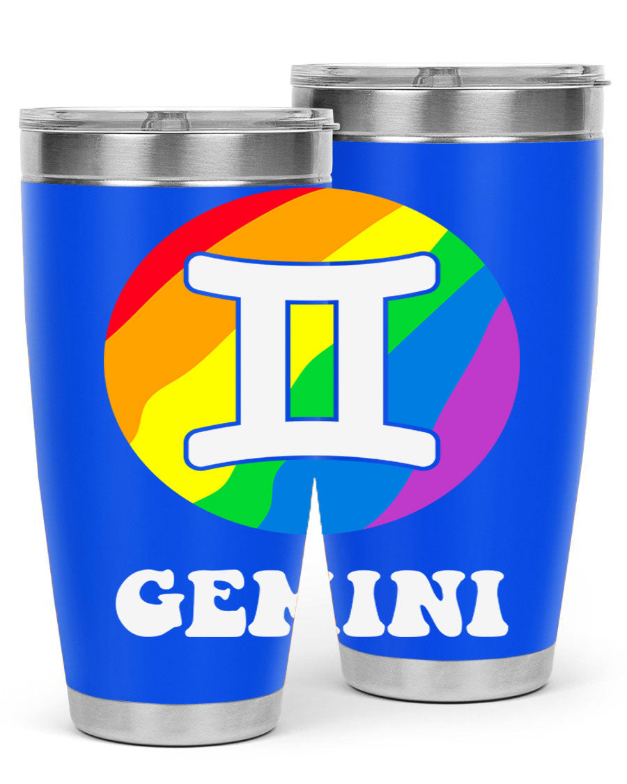 Gemini LGBT Pride Tumbler in vibrant colors, showcasing its double wall stainless steel design and drink-thru lid.
