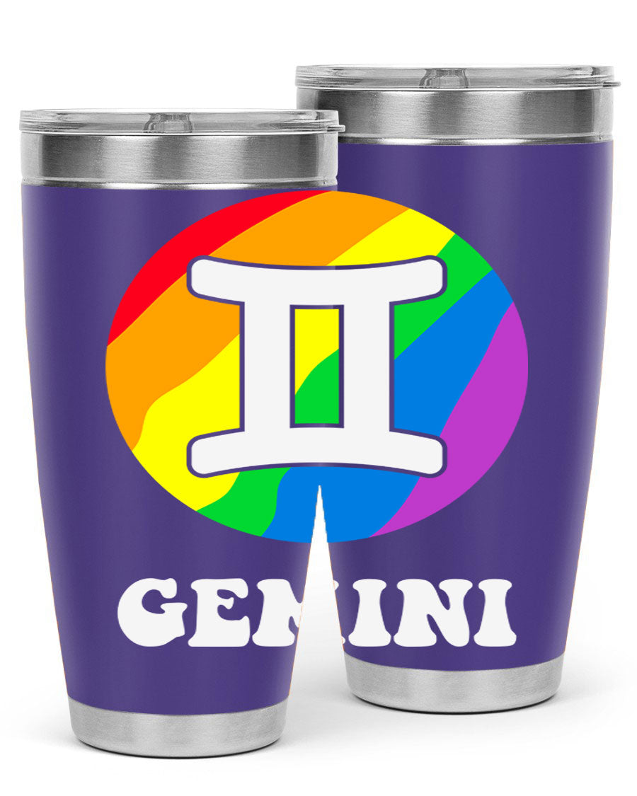 Gemini LGBT Pride Tumbler in vibrant colors, showcasing its double wall stainless steel design and drink-thru lid.