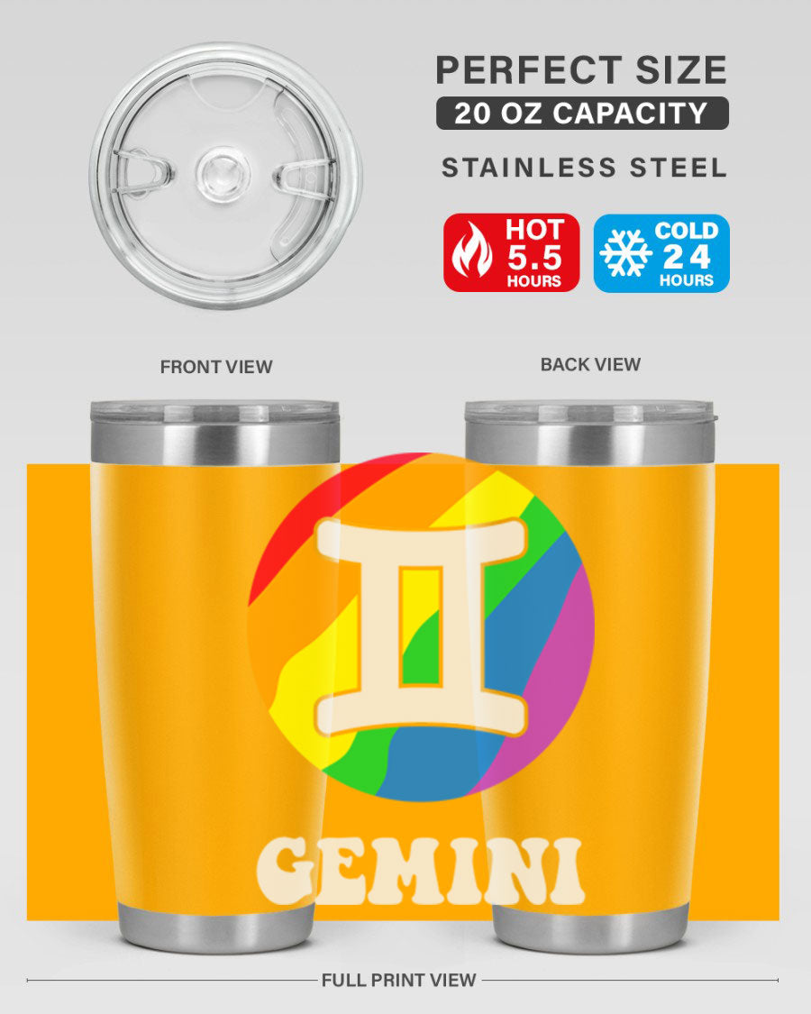 Gemini LGBT Pride Tumbler in vibrant colors, showcasing its double wall stainless steel design and drink-thru lid.
