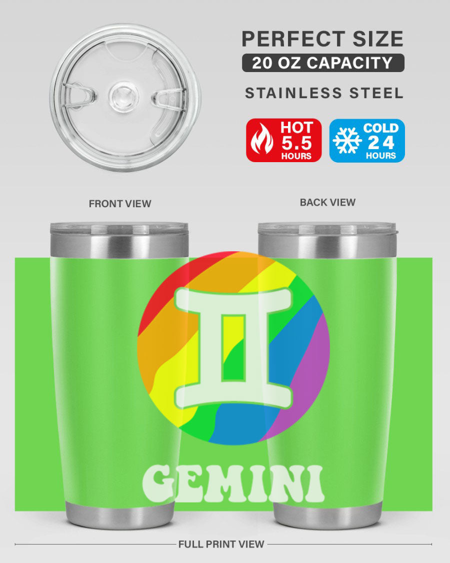 Gemini LGBT Pride Tumbler in vibrant colors, showcasing its double wall stainless steel design and drink-thru lid.