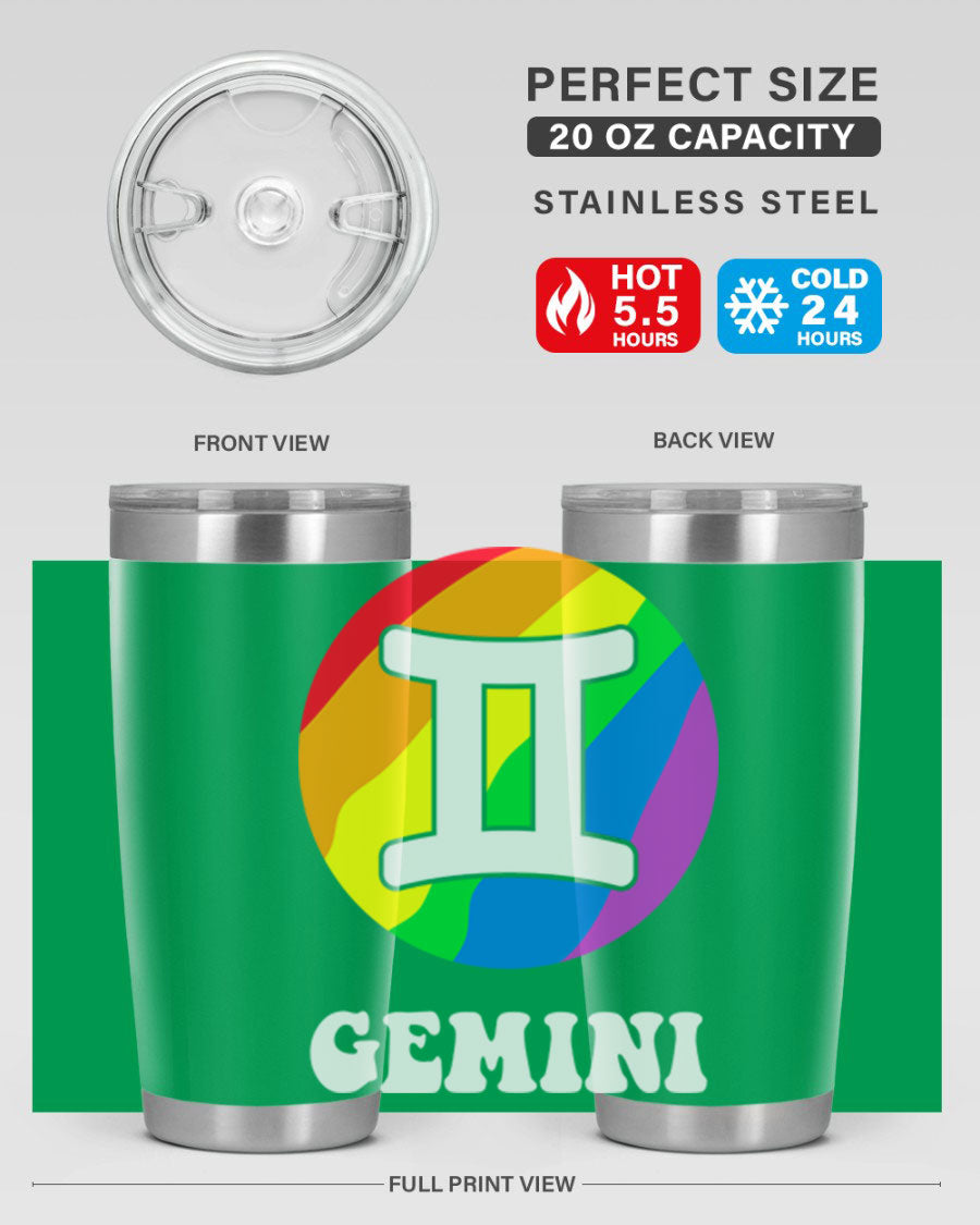 Gemini LGBT Pride Tumbler in vibrant colors, showcasing its double wall stainless steel design and drink-thru lid.