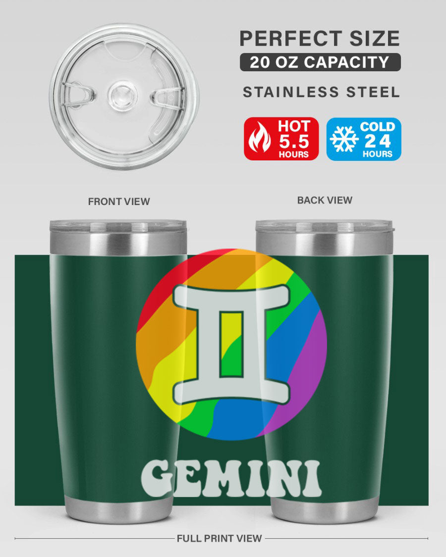 Gemini LGBT Pride Tumbler in vibrant colors, showcasing its double wall stainless steel design and drink-thru lid.