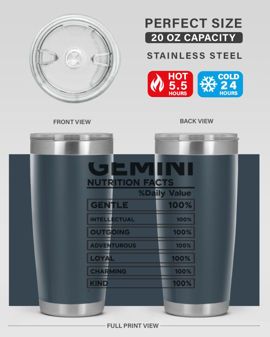 Gemini Nutrition Facts 20oz Tumbler made of stainless steel with a copper lining, featuring a drink-thru lid and zodiac design.