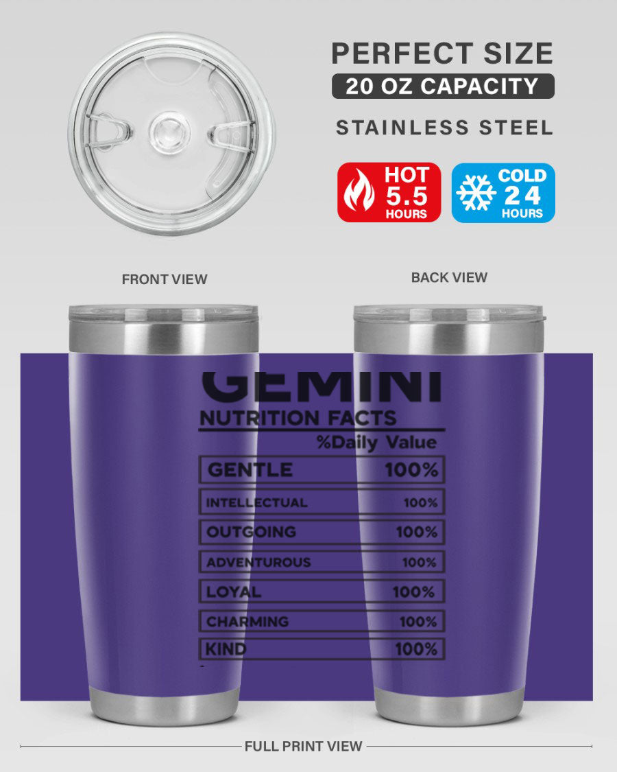 Gemini Nutrition Facts 20oz Tumbler made of stainless steel with a copper lining, featuring a drink-thru lid and zodiac design.